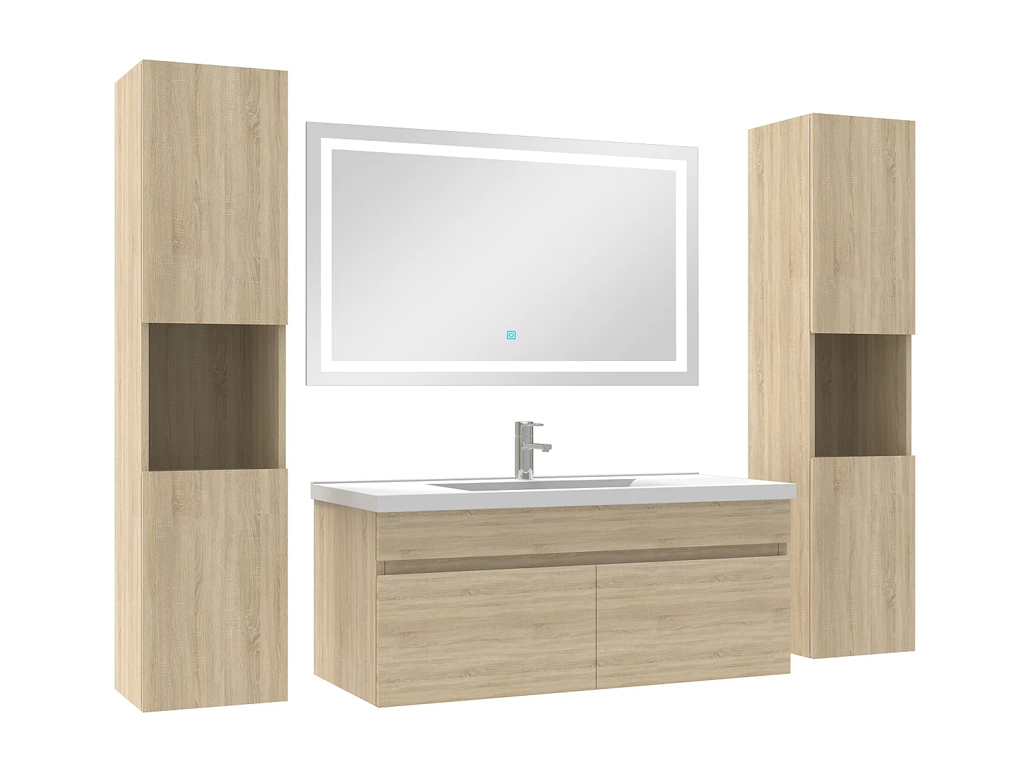 Ensemble meubles Salle de Bain 100cm vasque + colonnex2 + miroir lumineux Chêne Wotan