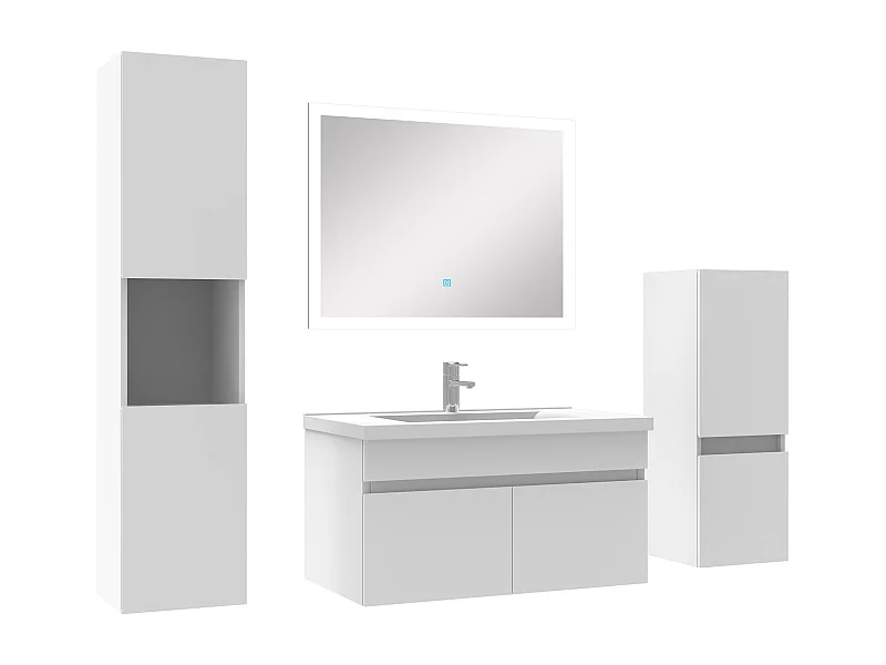 Ensemble meuble vasque 80cm et colonne de rangement et miroir lumineux Blanc