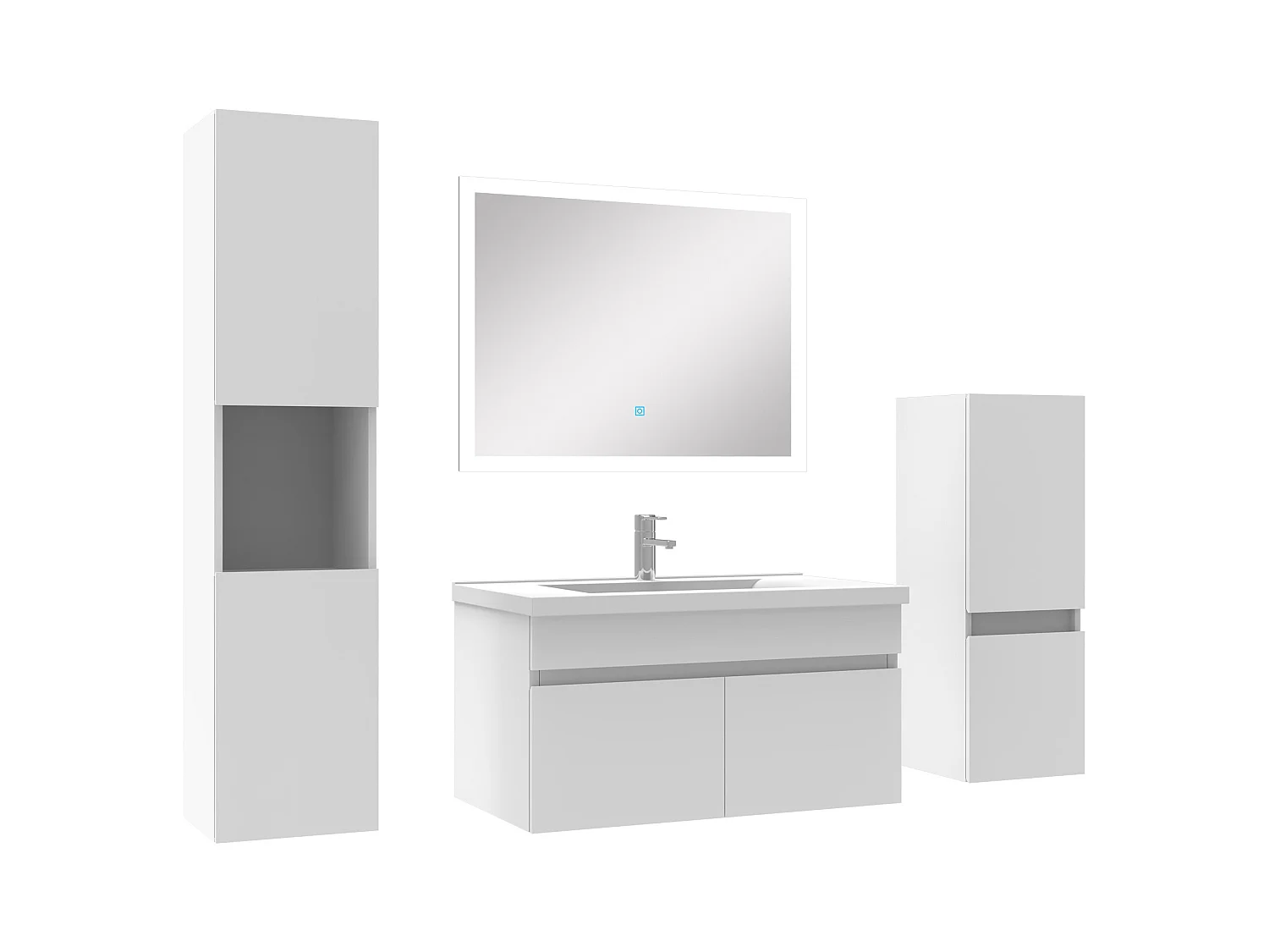 Ensemble meuble vasque 80cm et colonne de rangement et miroir lumineux Blanc