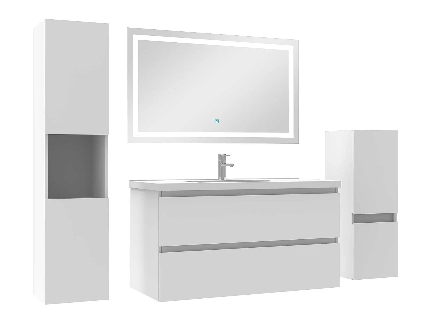 Ensemble meubles Salle de Bain 100cm simple vasque + colonne + miroir LED Blanc