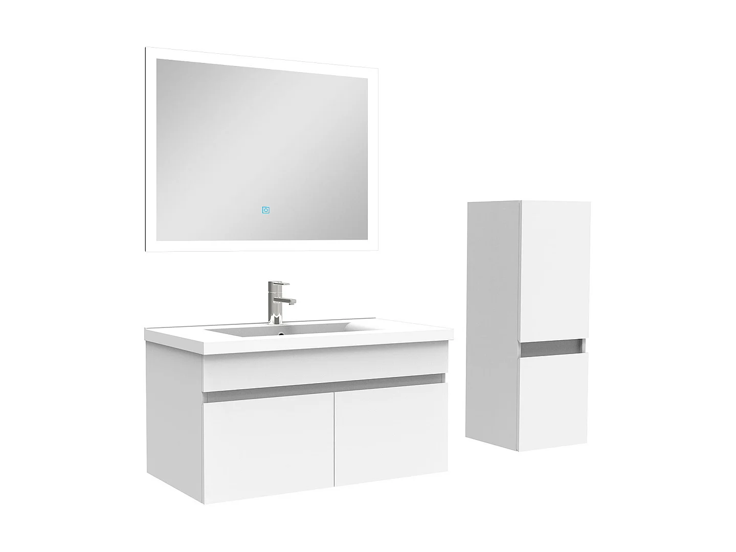Ensemble Salle De Bain simple vasque 80cm meuble blanc avec colonne et miroir, Aica