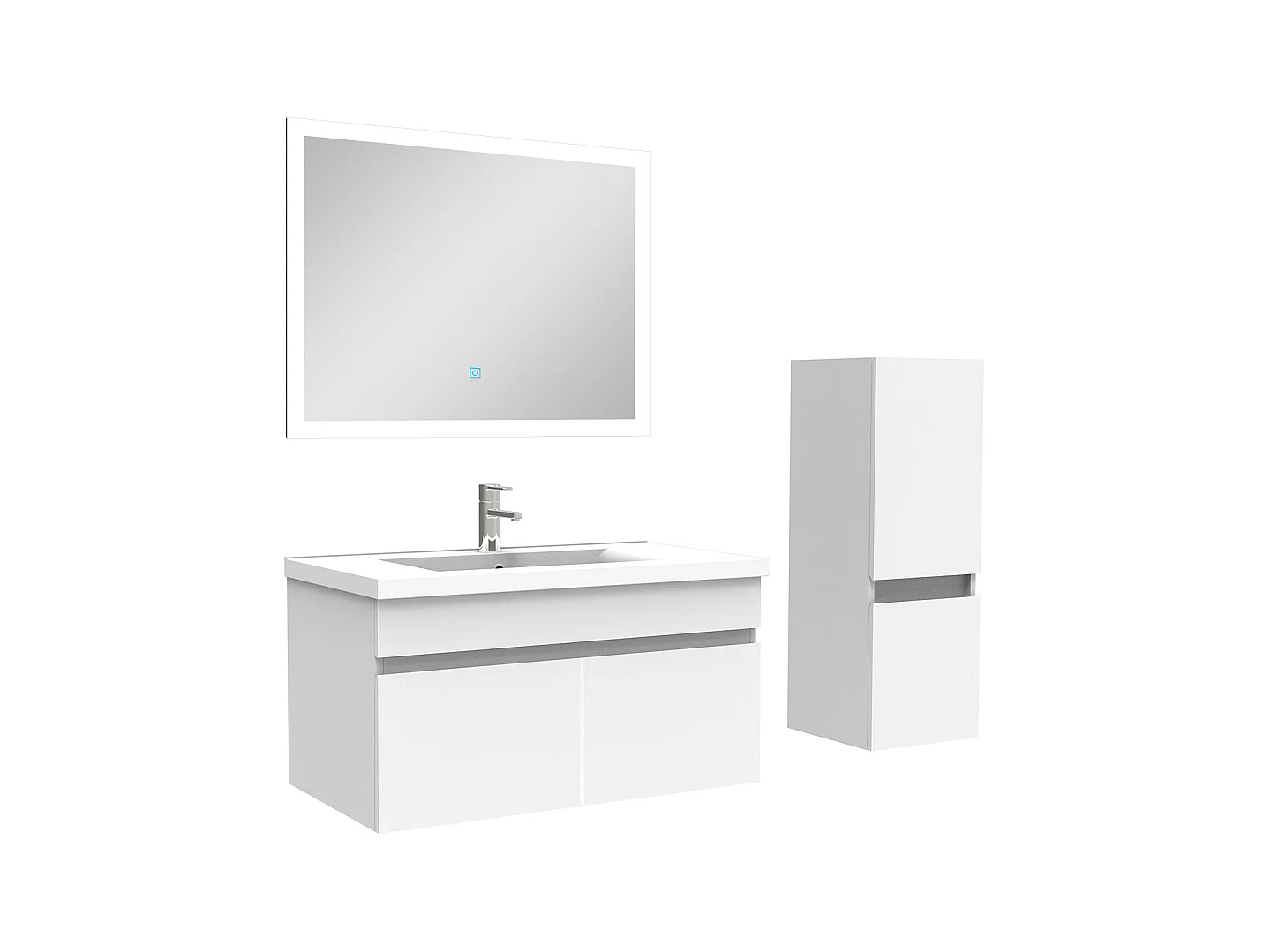 Ensemble Salle De Bain simple vasque 80cm meuble blanc avec colonne et miroir, Aica
