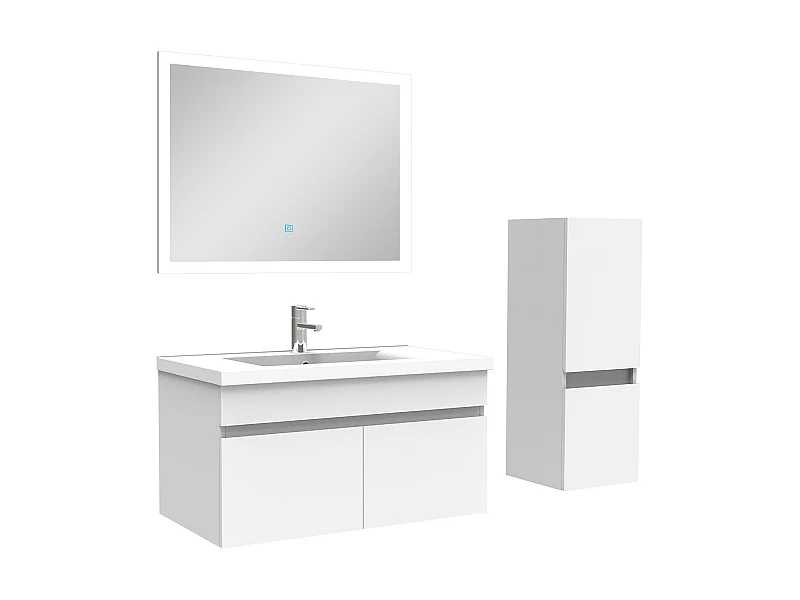 Ensemble Salle De Bain simple vasque 80cm meuble blanc avec colonne et miroir, Aica