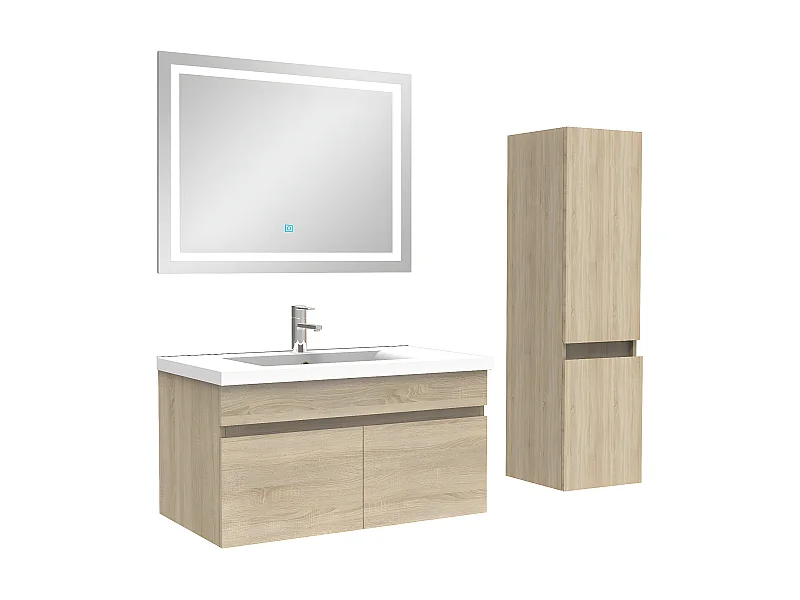 Ensemble meuble + vasque + miroir lumineux + colonne 80cm meuble salle de bain Chêne Wotan,Aica