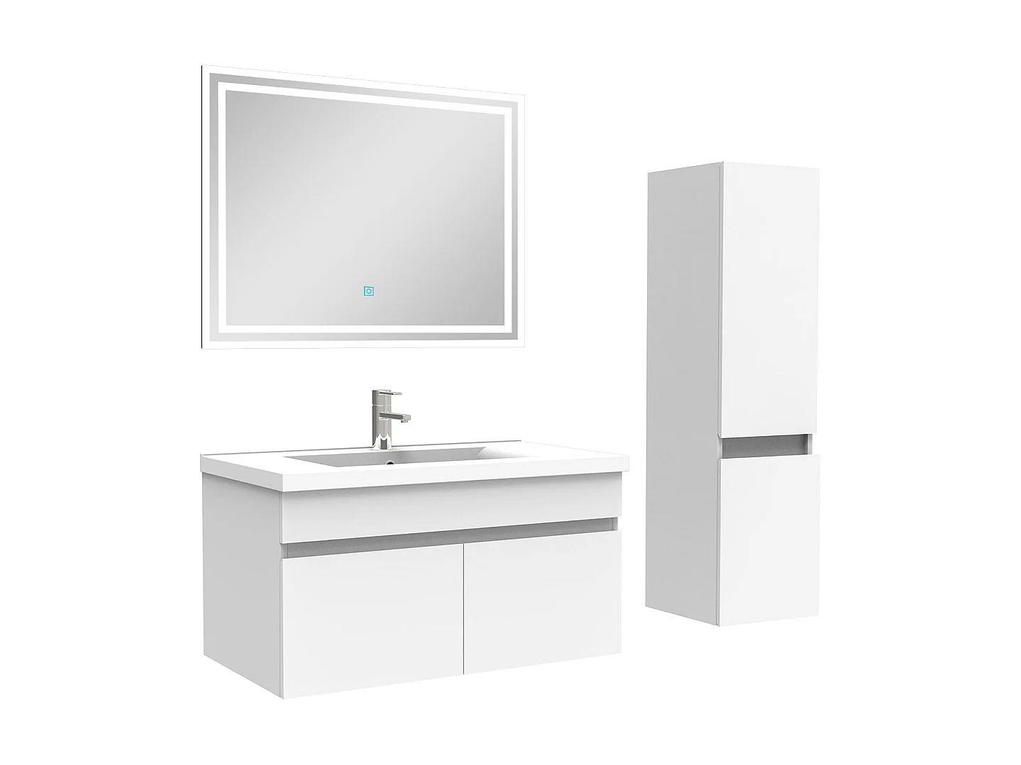 Meuble Salle de Bain 80cm blanc avec colonne et miroir lumineux, Aica
