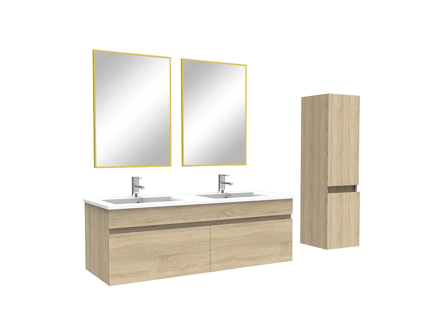 Ensemble Salle De Bain 120cm Chêne Wotan meuble et miroir et colonne et double vasque, Aica