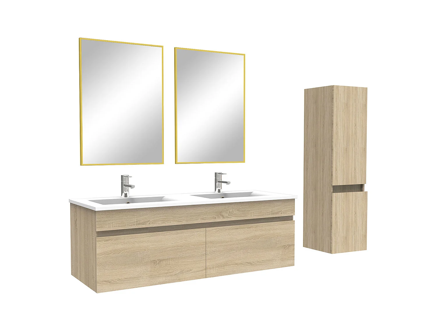 Ensemble Salle De Bain 120cm Chêne Wotan meuble et miroir et colonne et double vasque, Aica