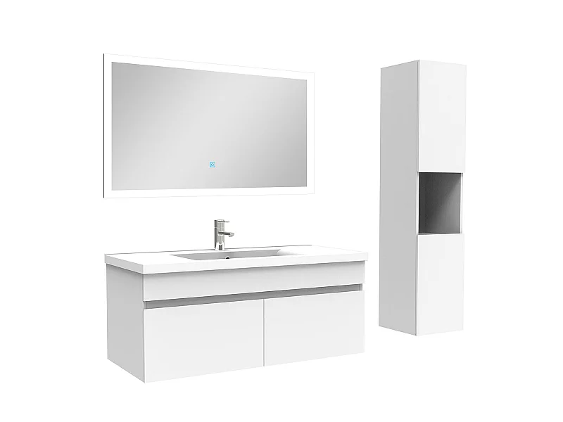 Ensemble Salle De Bain avec colonne et miroir 100cm meuble blanc, Aica