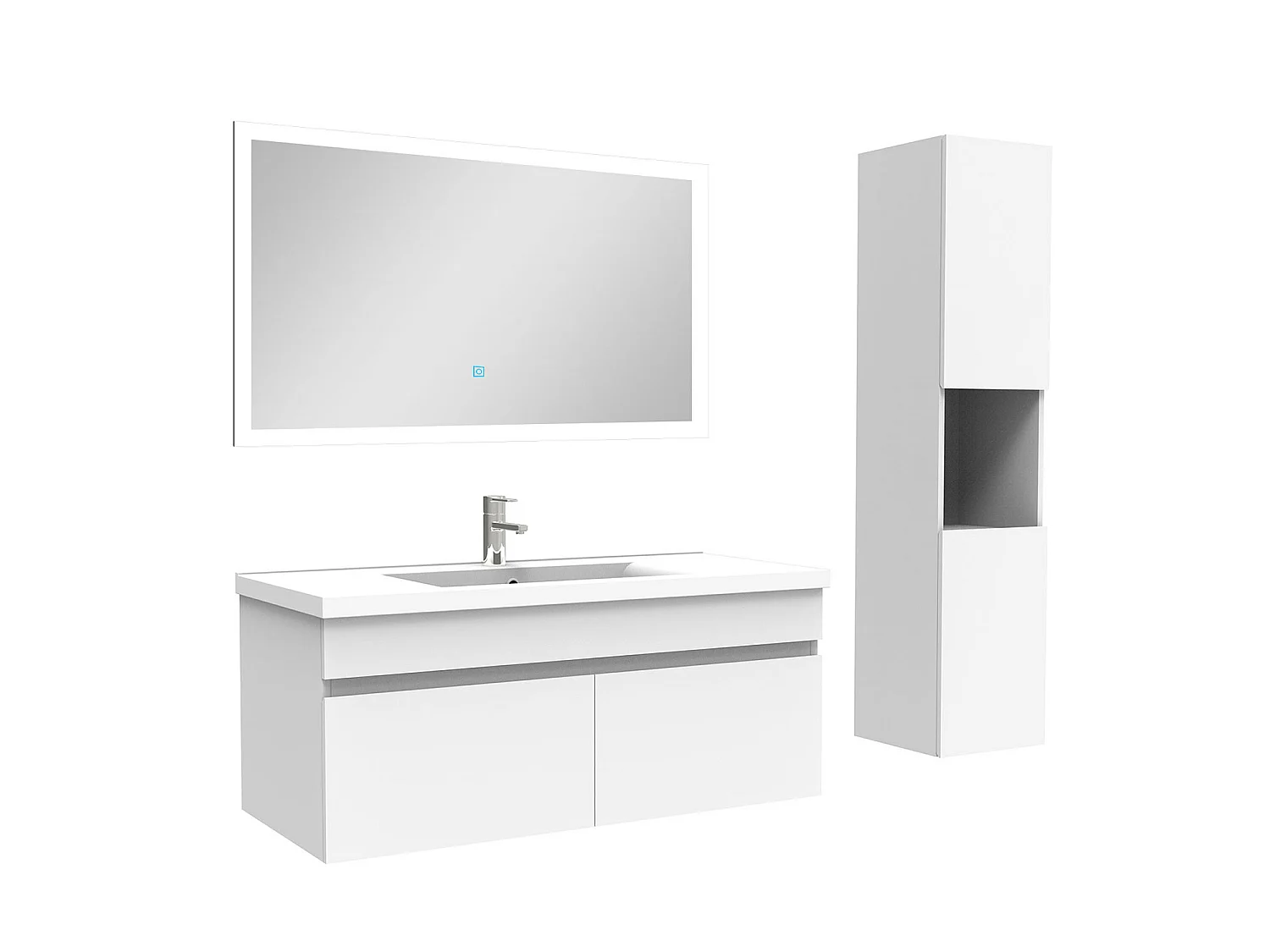 Ensemble Salle De Bain avec colonne et miroir 100cm meuble blanc, Aica