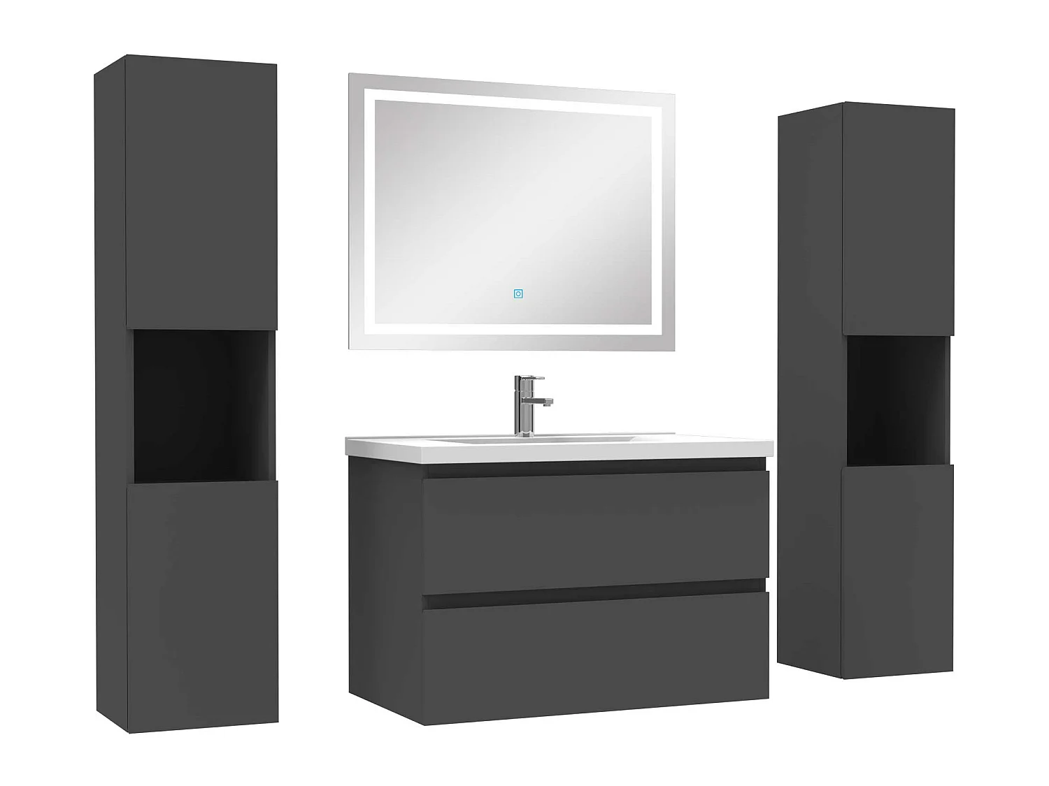 Ensemble meubles Salle de Bain 80cm vasque + colonne + miroir lumineux Anthracite