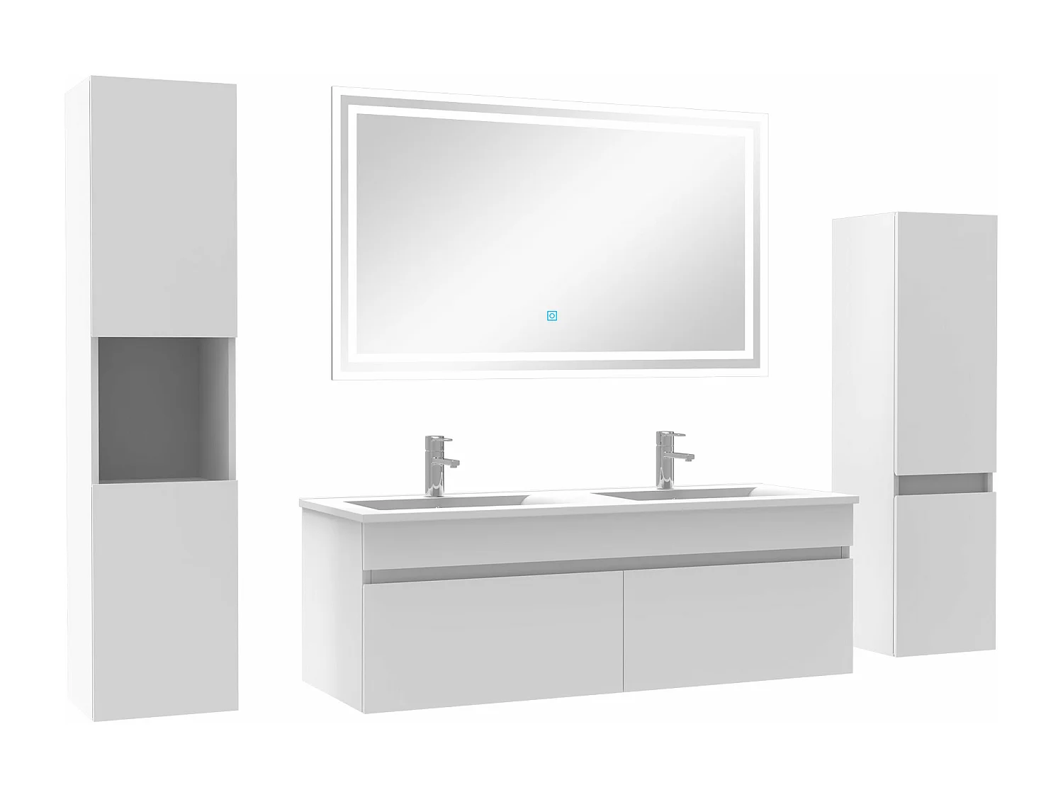 Meuble Salle de Bain Blanc 120cm double vasque + colonne + miroir LED
