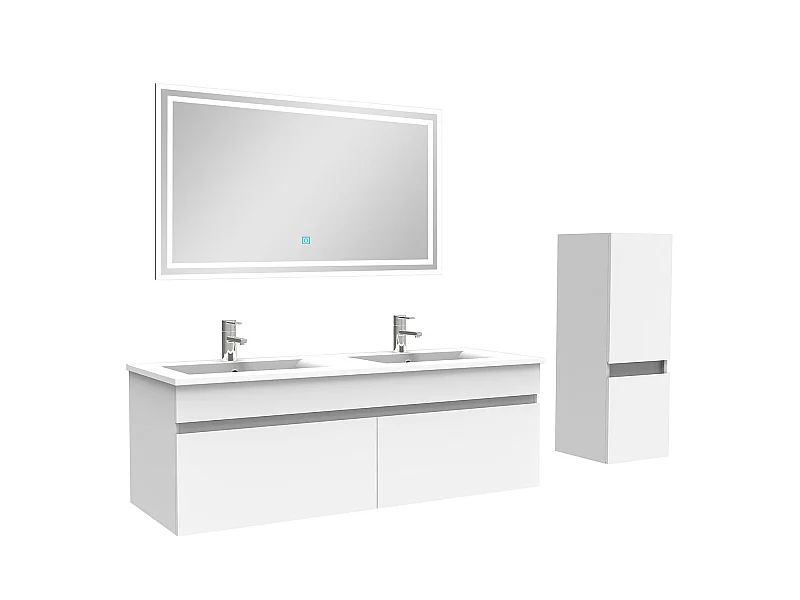 Ensemble Salle De Bain 120cm meuble blanc avec colonne et miroir lumineux, Aica