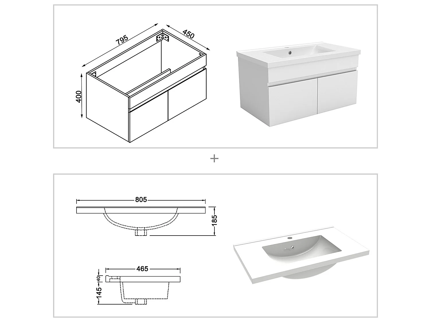 Ensemble meubles Salle de Bain 80cm simple vasque avec colonne + miroir Blanc