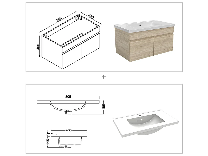 Ensemble meuble de salle de bain 80cm simple vasque + colonne de rangement + miroir lumineux Chêne Wotan
