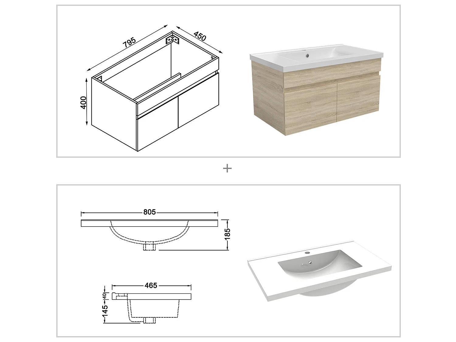 Ensemble meuble de salle de bain 80cm simple vasque + colonne de rangement + miroir lumineux Chêne Wotan
