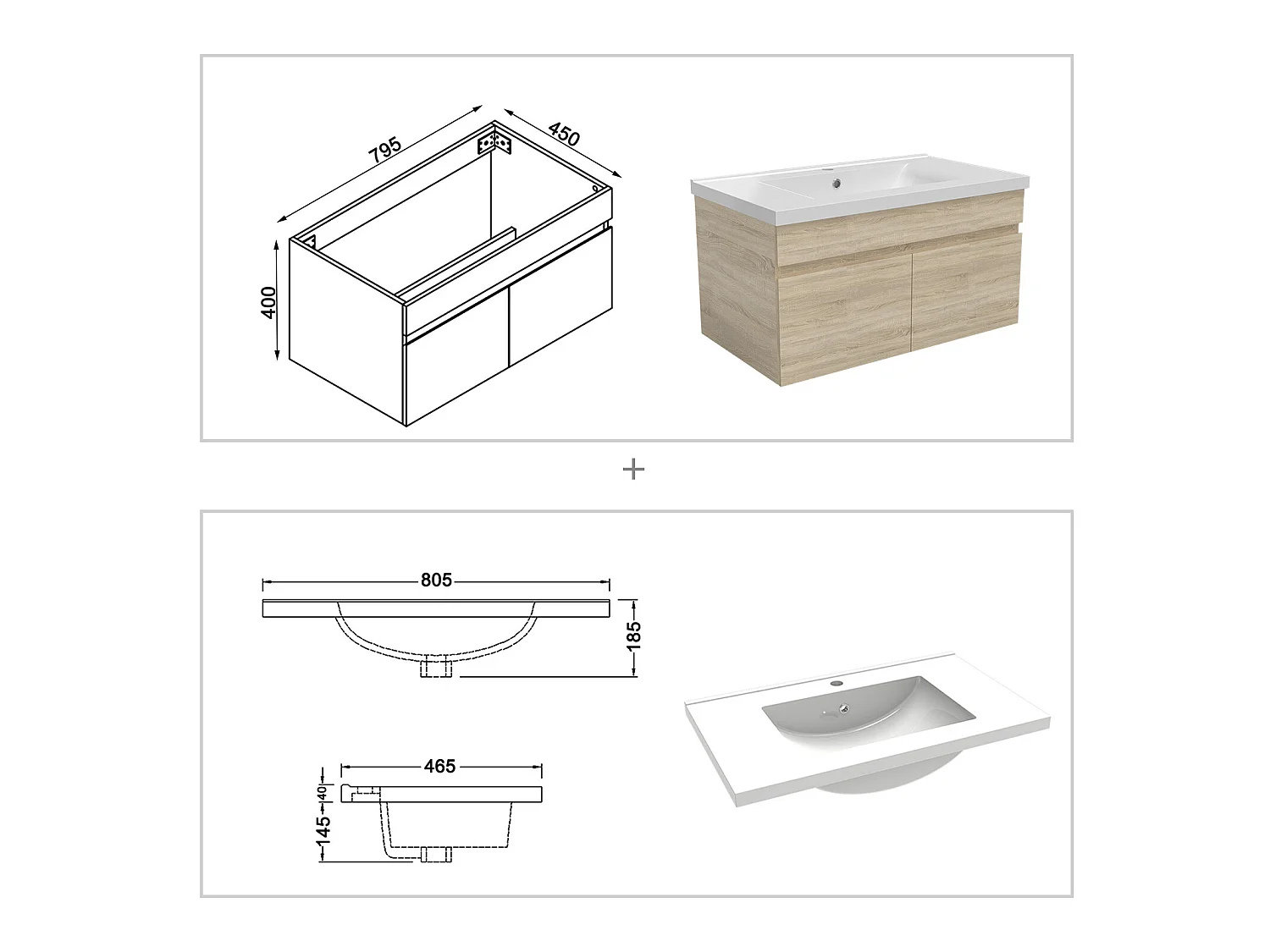 Ensemble meuble de salle de bain 80cm simple vasque + colonne de rangement + miroir lumineux Chêne Wotan