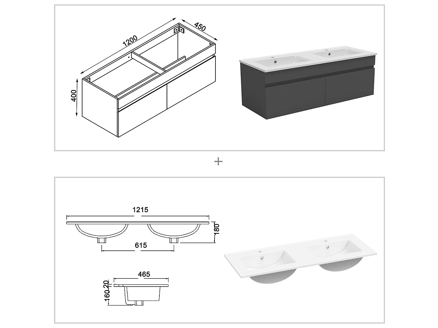 Ensemble meubles Salle de Bain 120cm vasque + colonnex2 + miroir lumineux Anthracite