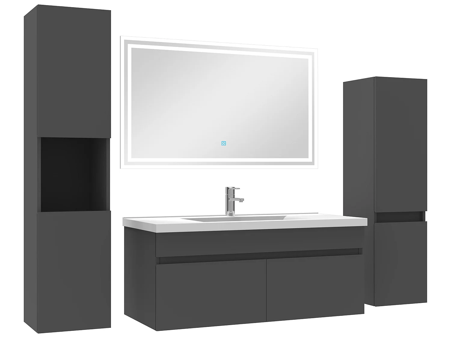 Meuble Salle de Bain Anthracite 100cm simple vasque + colonne + miroir LED