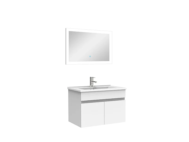 Ensemble Salle De Bain simple vasque 60cm meuble blanc avec miroir lumineux, Aica