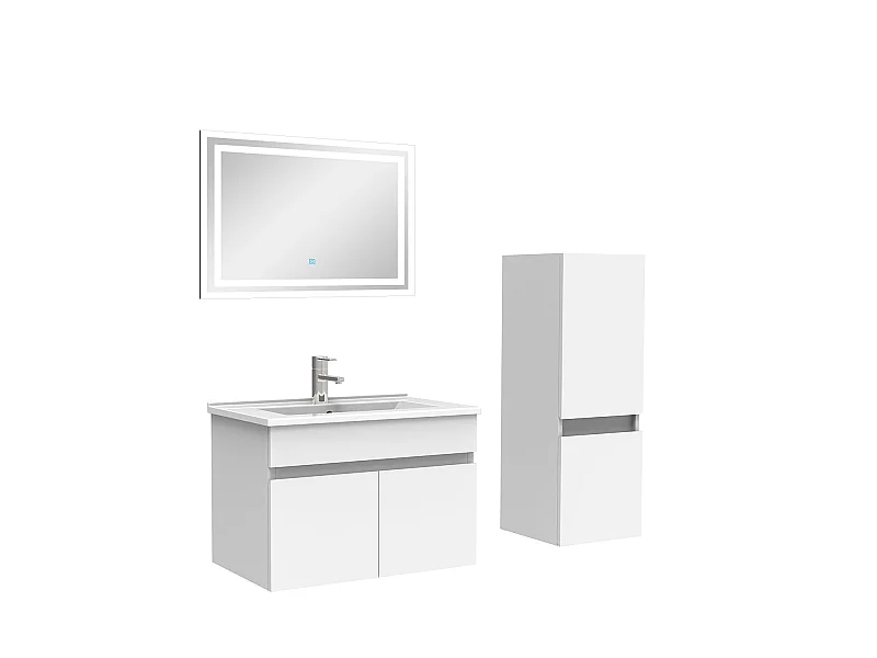 Ensemble Salle De Bain 60cm meuble blanc avec colonne et miroir lumineux, Aica