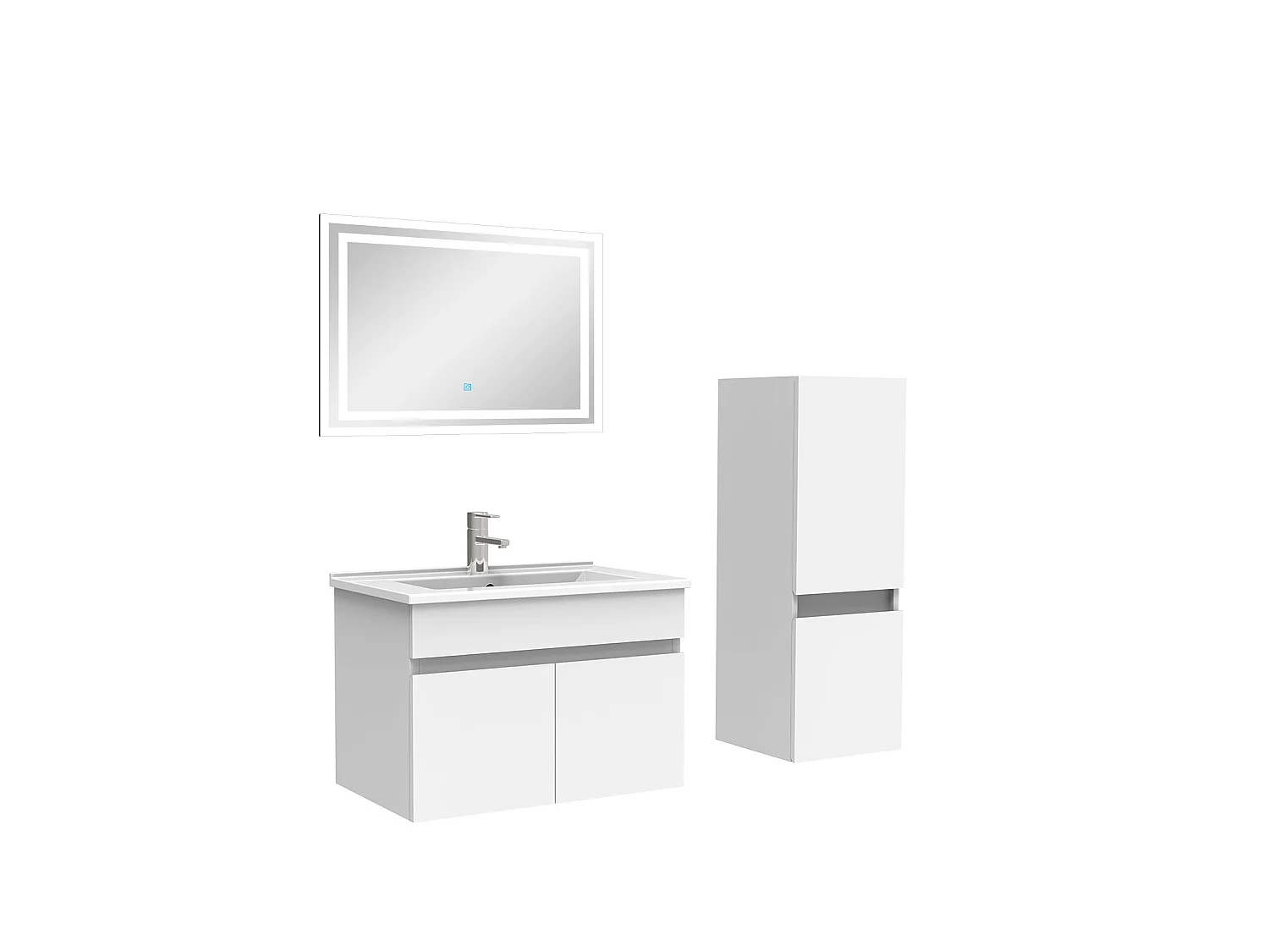 Ensemble Salle De Bain 60cm meuble blanc avec colonne et miroir lumineux, Aica