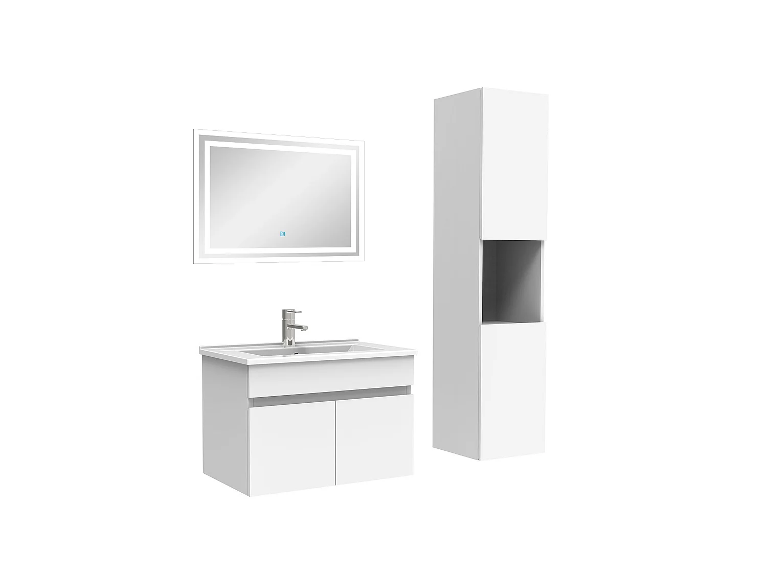 Meuble Salle de Bain 60cm blanc avec colonne + miroir lumineux, Aica