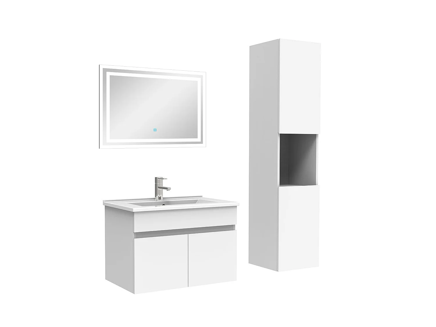 Meuble Salle de Bain 60cm blanc avec colonne + miroir lumineux, Aica