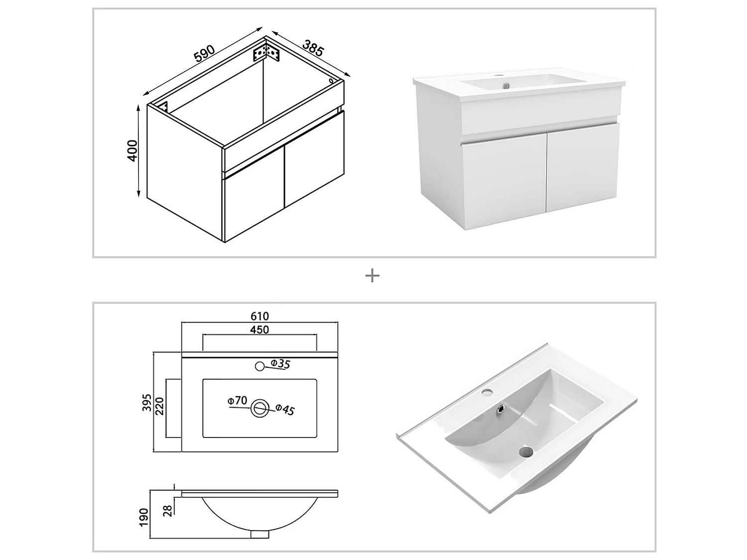 Meuble Salle de Bain 60cm blanc avec colonne + miroir lumineux, Aica