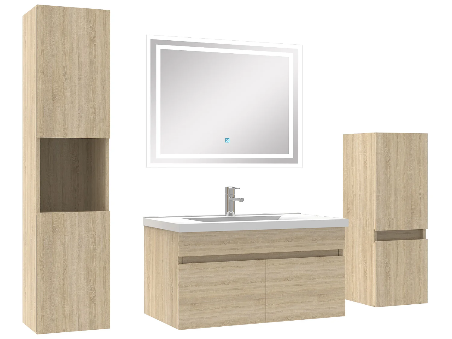 Meubles simple vasque 80cm，meuble avec colonne et miroir Chêne Wotan