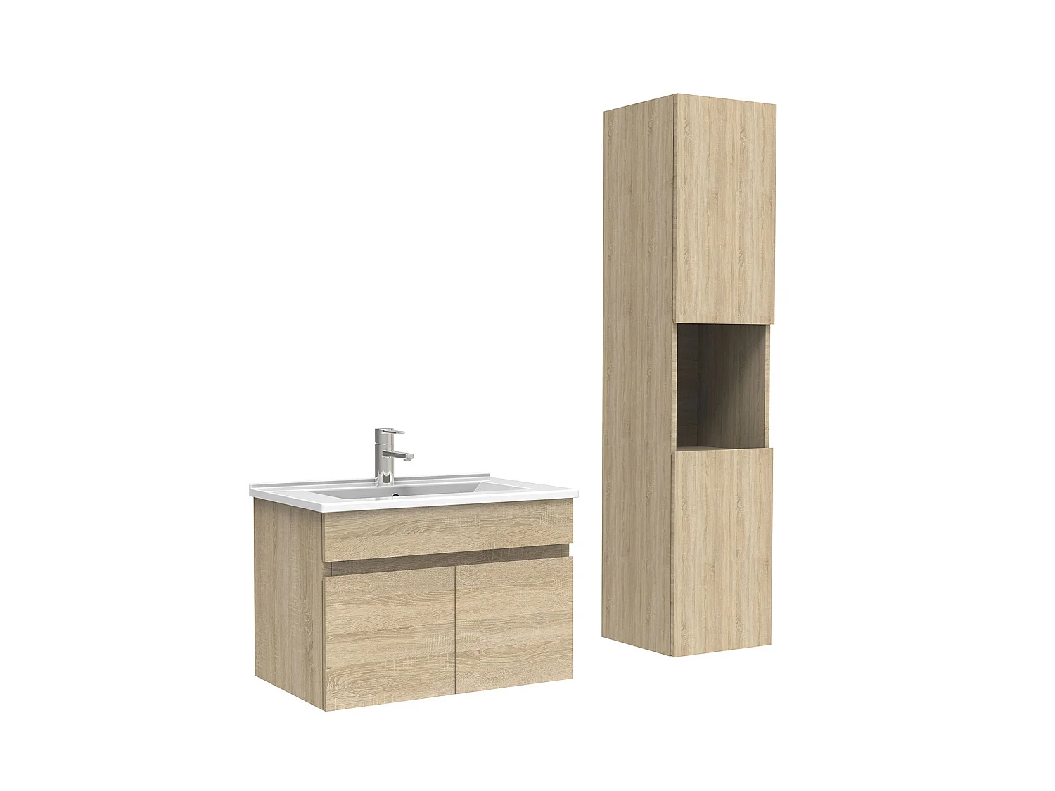 Meuble Salle de Bain avec colonne et vasque ceramique 60cm Chêne Wotan, Aica