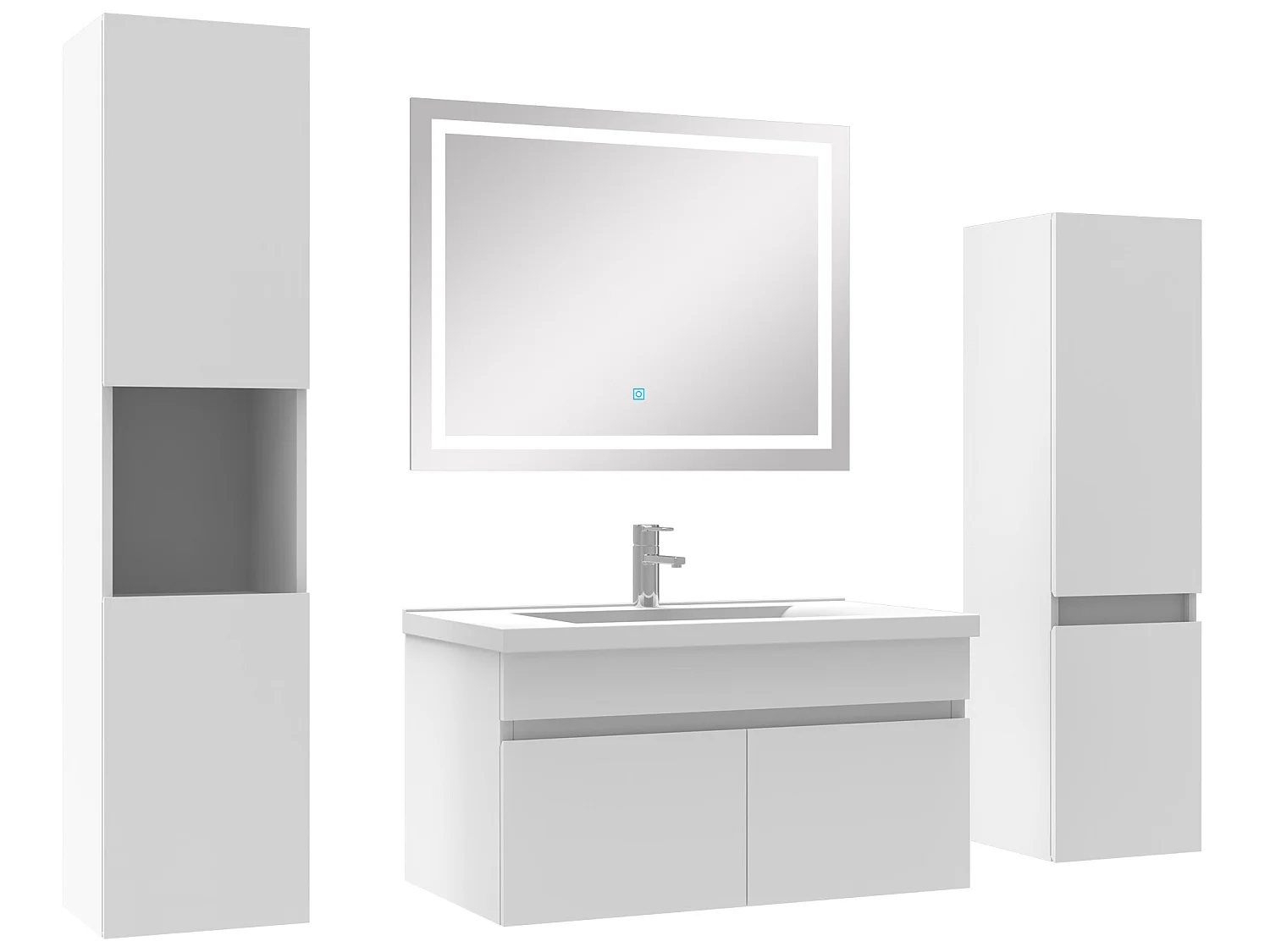 Meuble Salle de Bain 80cm simple vasque + colonne + miroir lumineux Blanc