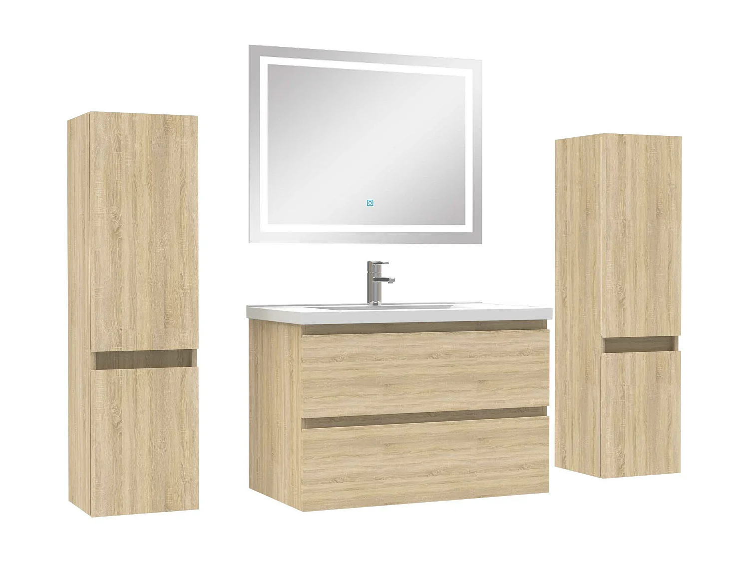 Ensemble meubles Salle de Bain 80cm simple vasque + colonne + miroir lumineux Chêne Wotan