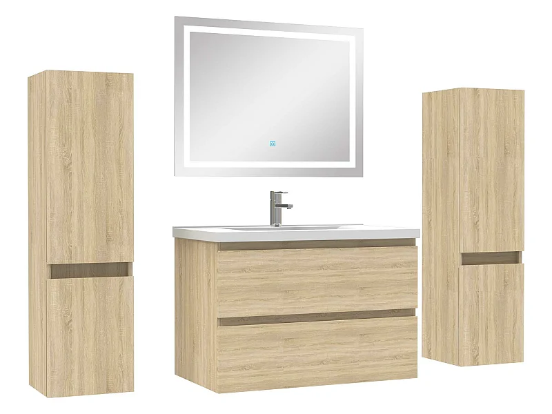 Ensemble meubles Salle de Bain 80cm simple vasque + colonne + miroir lumineux Chêne Wotan