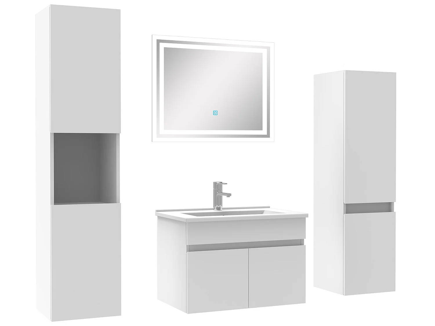 Meuble Salle de Bain Blanc 60cm simple vasque + colonne + miroir LED