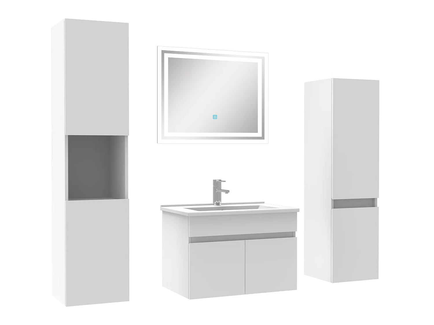 Meuble Salle de Bain Blanc 60cm simple vasque + colonne + miroir LED