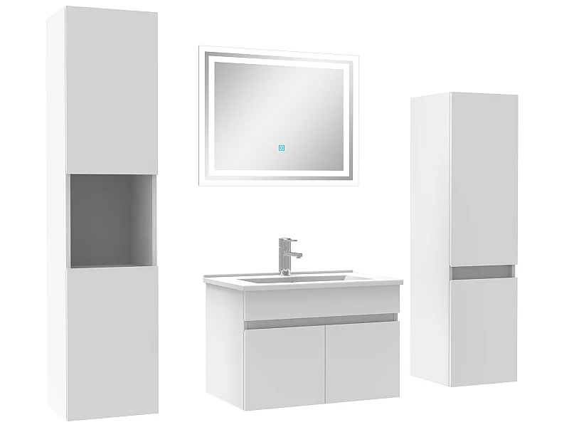 Meuble Salle de Bain Blanc 60cm simple vasque + colonne + miroir LED