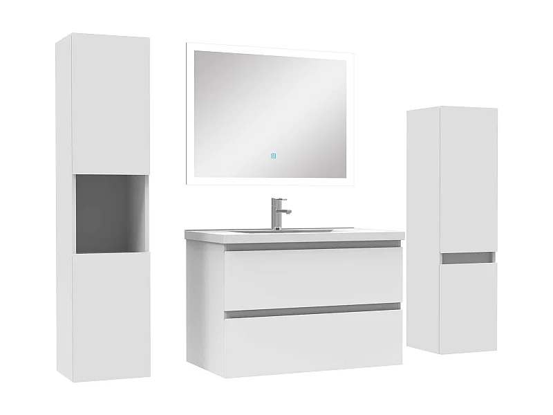 Ensemble meuble de salle de bain 80cm simple vasque + colonne de rangement + miroir Blanc