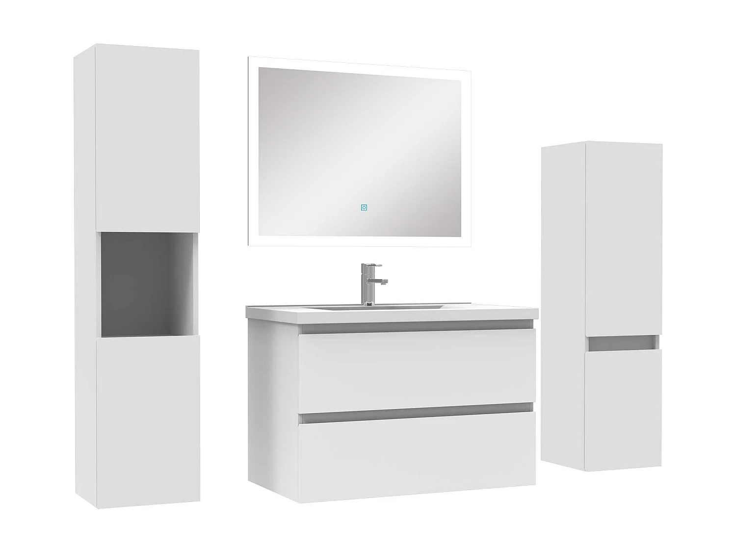 Ensemble meuble de salle de bain 80cm simple vasque + colonne de rangement + miroir Blanc