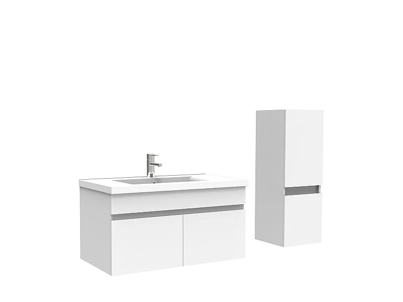 Meuble Salle de Bain 80cm Blanc avec colonne et vasque ceramique, Aica