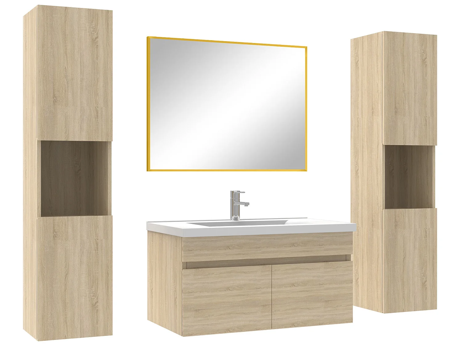 Ensemble meubles Salle de Bain 80cm simple vasque avec colonne + miroir mural Chêne Wotan