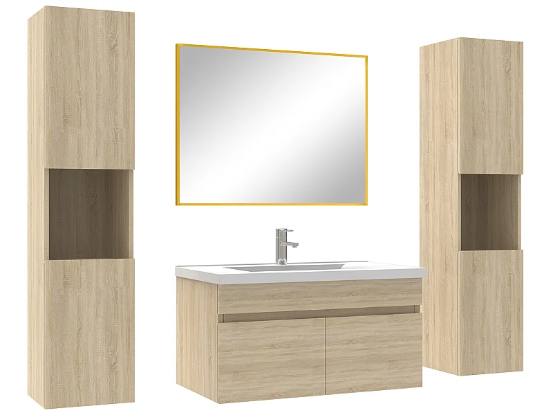 Ensemble meubles Salle de Bain 80cm simple vasque avec colonne + miroir mural Chêne Wotan
