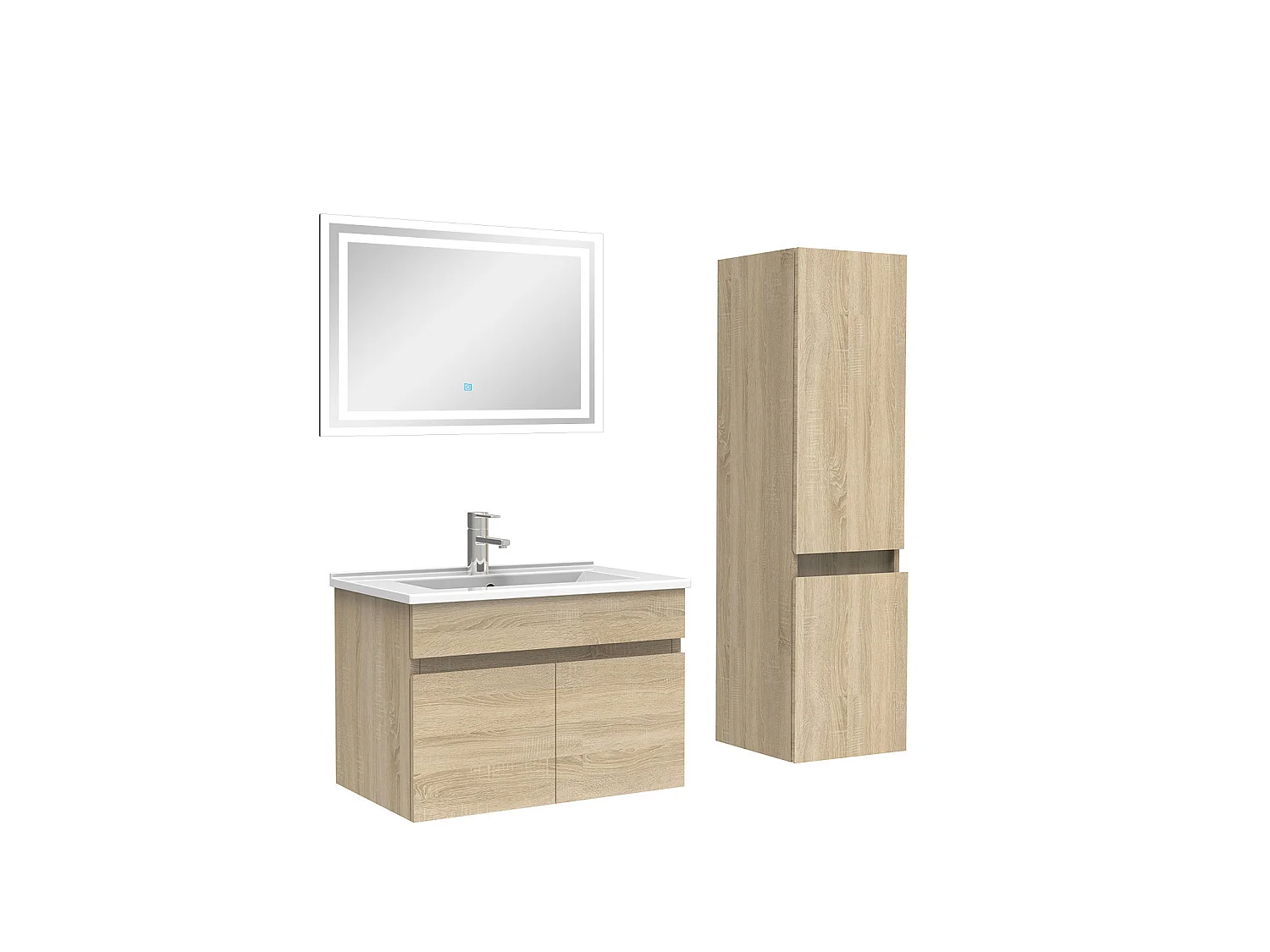 Meuble Salle de Bain 60cm Chêne Wotan avec colonne et miroir lumineux, Aica