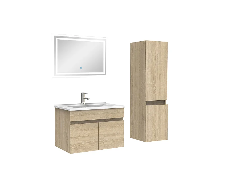Meuble Salle de Bain 60cm Chêne Wotan avec colonne et miroir lumineux, Aica