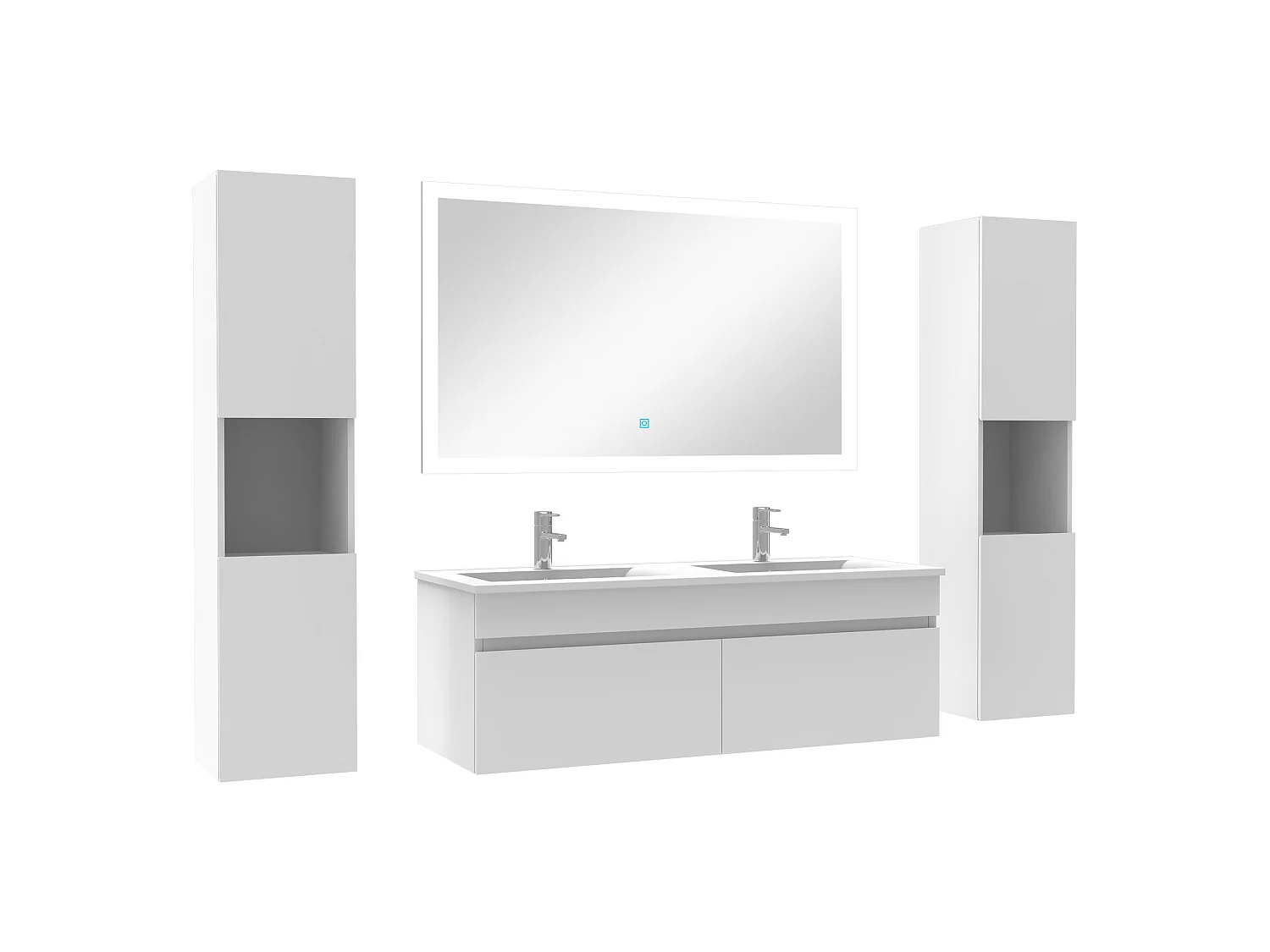 Ensemble meuble de salle de bain 120cm double vasque + colonne de rangement + miroir lumineux Blanc
