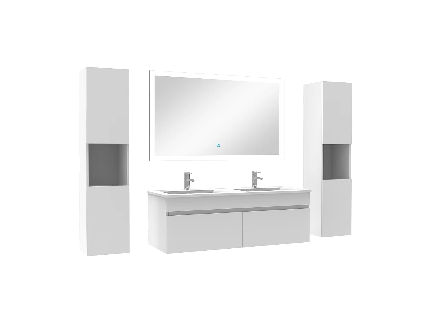 Ensemble meuble de salle de bain 120cm double vasque + colonne de rangement + miroir lumineux Blanc