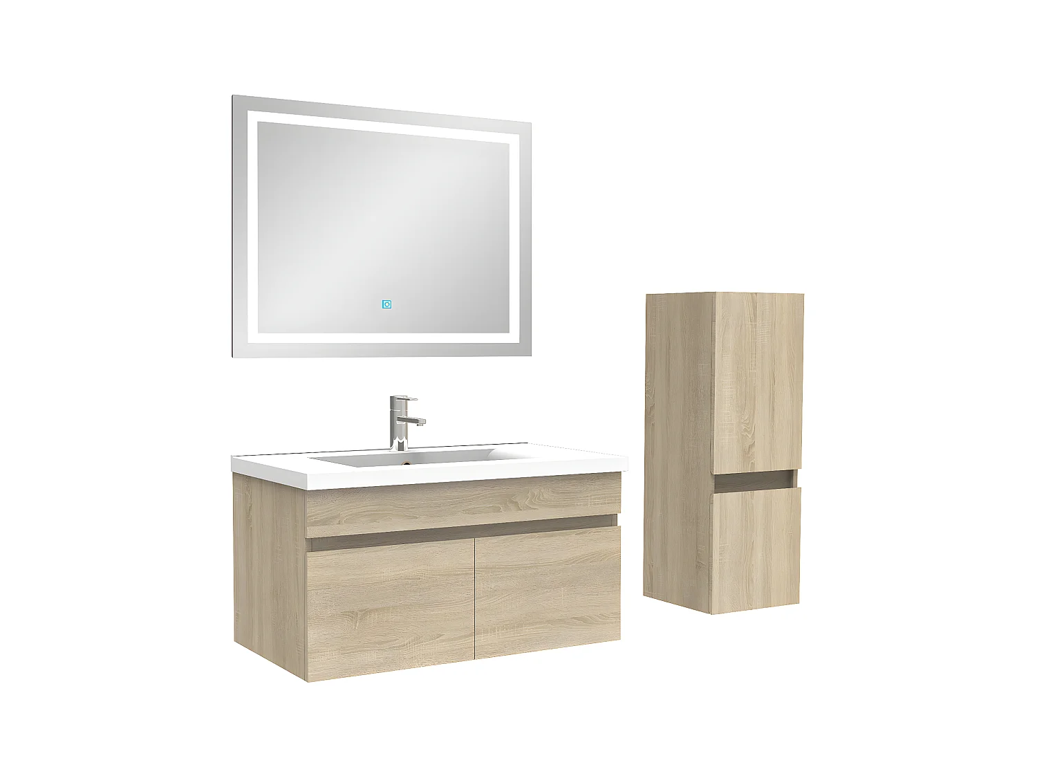 Ensemble meuble et vasque et miroir lumineux et colonne 80cm meuble salle de bain Chêne Wotan,Aica