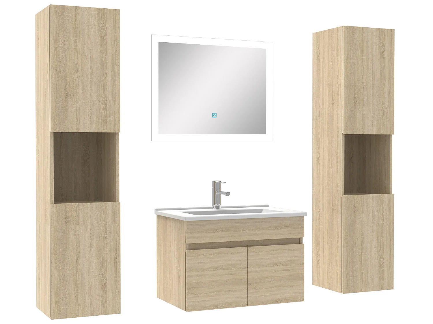 Ensemble meuble de salle de bain 60cm simple vasque + colonne de rangement + miroir lumineux Chêne Wotan