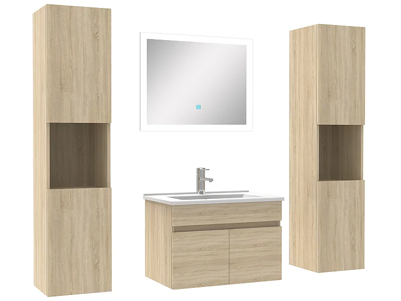 Ensemble meuble de salle de bain 60cm simple vasque + colonne de rangement + miroir lumineux Chêne Wotan