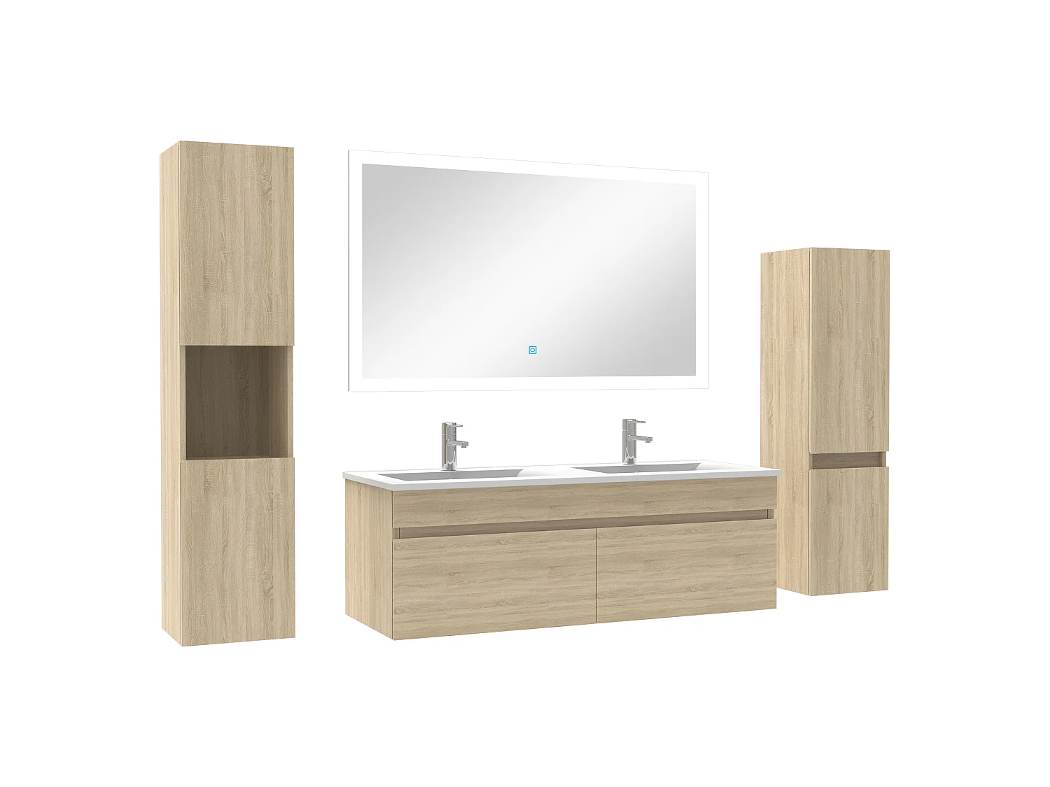 Ensemble meuble vasque 120cm + colonne de rangement + miroir lumineux Chêne Wotan