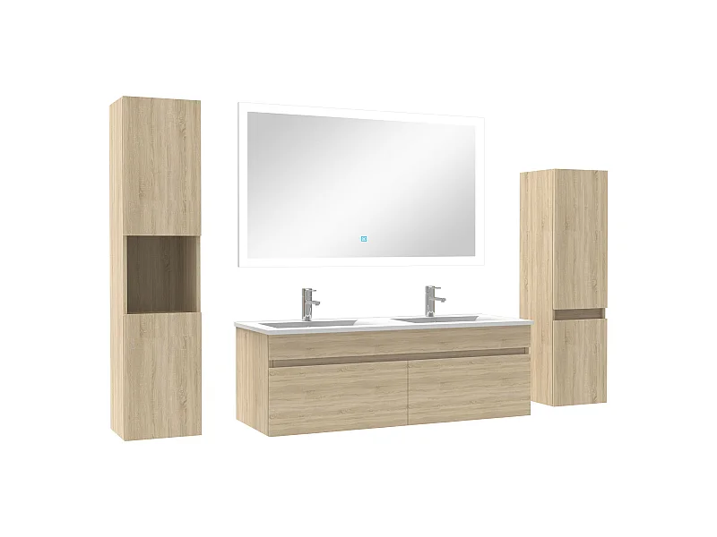 Ensemble meuble vasque 120cm + colonne de rangement + miroir lumineux Chêne Wotan